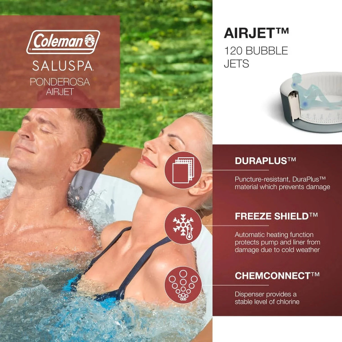 2-4 Person Inflatable Hot Tub. Portable Round Outdoor Spa with 120 Soothing Air Jets and Insulated Cover. Black