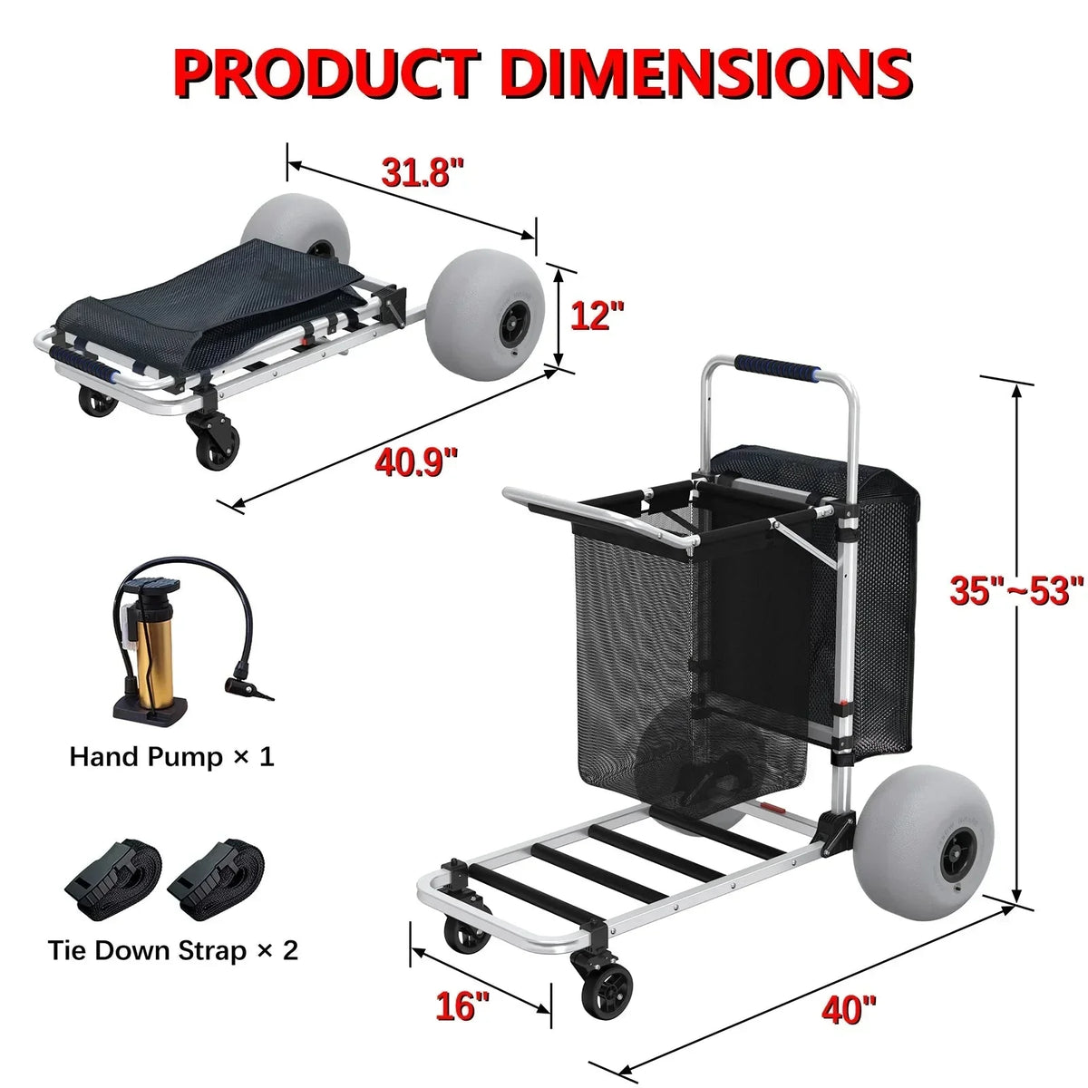 Foldable Beach Cart with Adjustable Handle and 12 Balloon Wheels. Heavy Duty Aluminum 220LBS Capacity