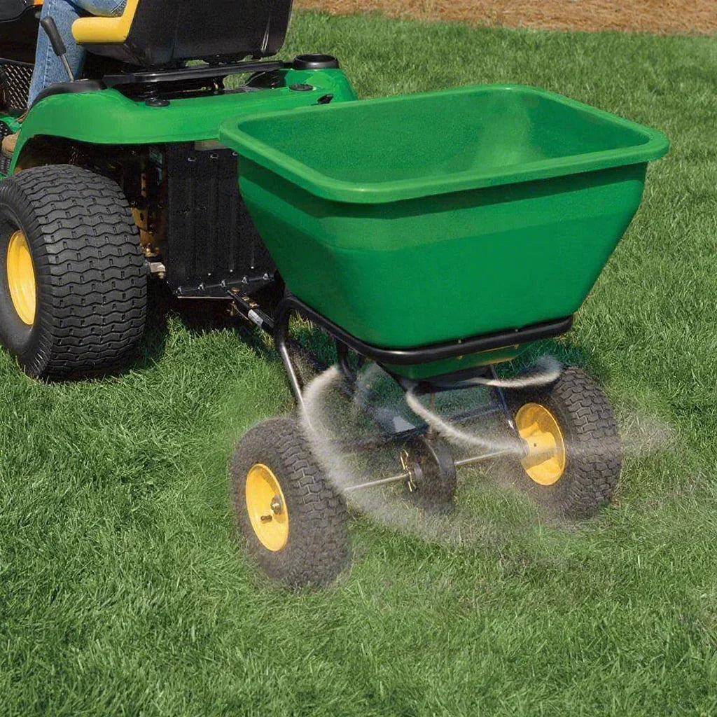 175 lb Tow-Behind Broadcast Spreader. Rustproof Poly Hopper. Universal Fit