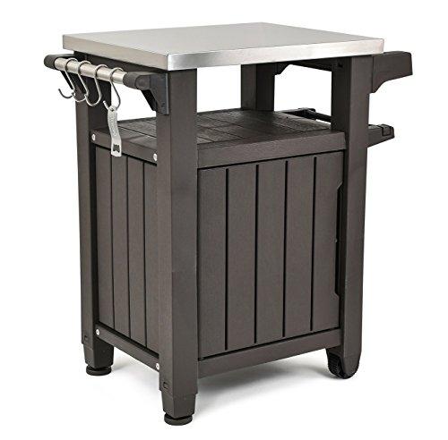 Portable Outdoor Table and Storage Cabinet with Hooks for Grill Accessories-Stainless Steel Top for Patio Kitchen Island or Bar Cart