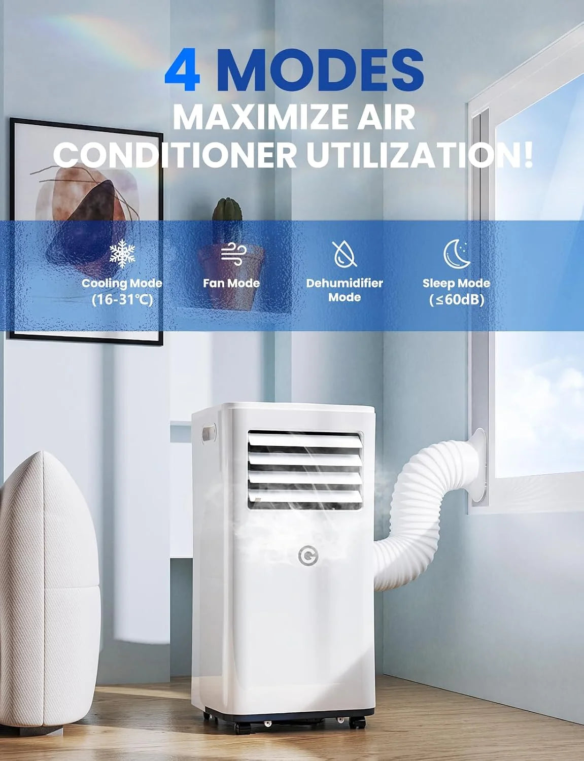 9000 BTU Aire Acondicionado Portátil. 4 en 1: Refrigeración. Ventilador. Deshumidificador y Modo Sueño. Silencioso. con Mando. Temporizador 24h y Kit