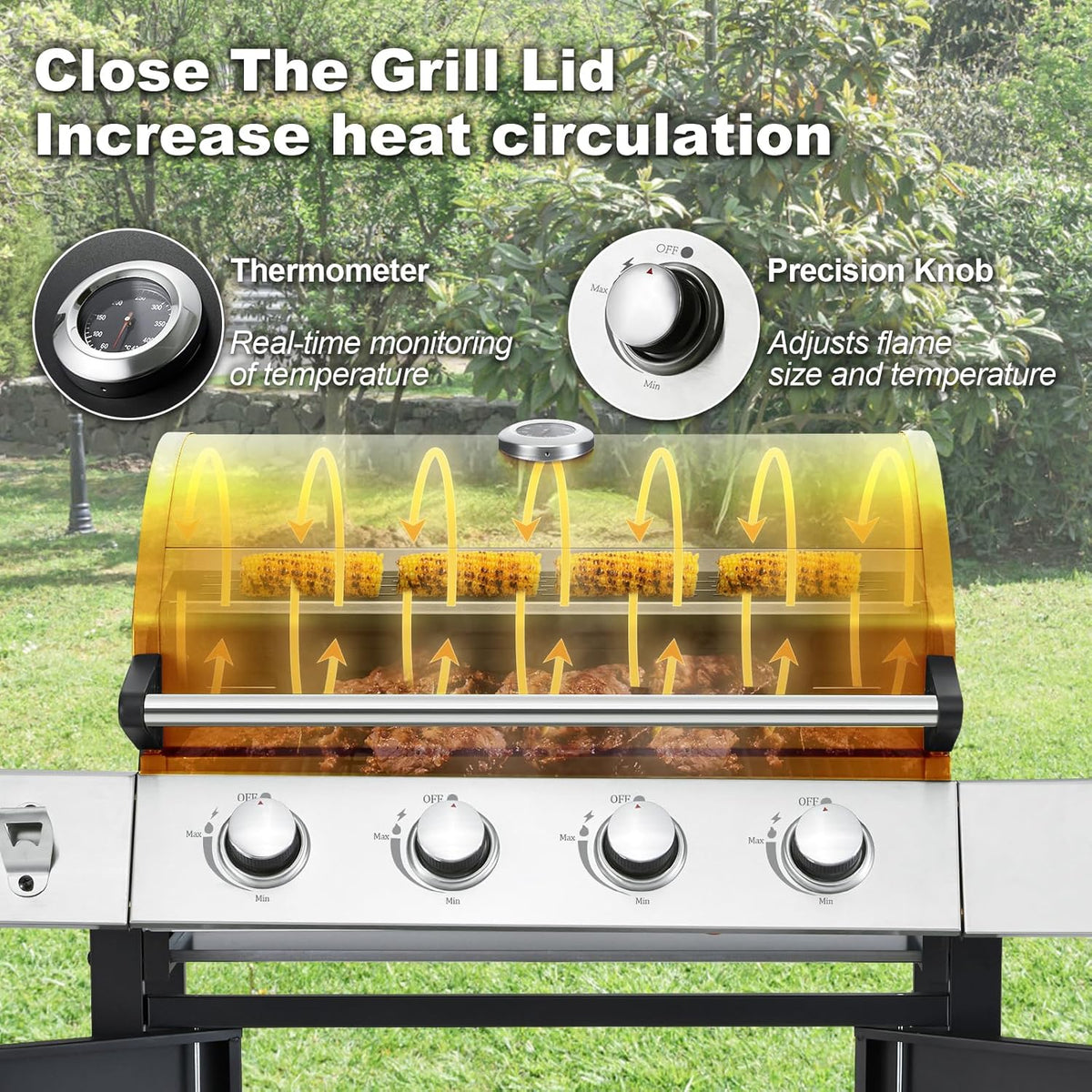 4-Burner Propane Gas Grill with Cast Iron Grates. Side Stove and 44.000 BTU Stainless Steel Burners