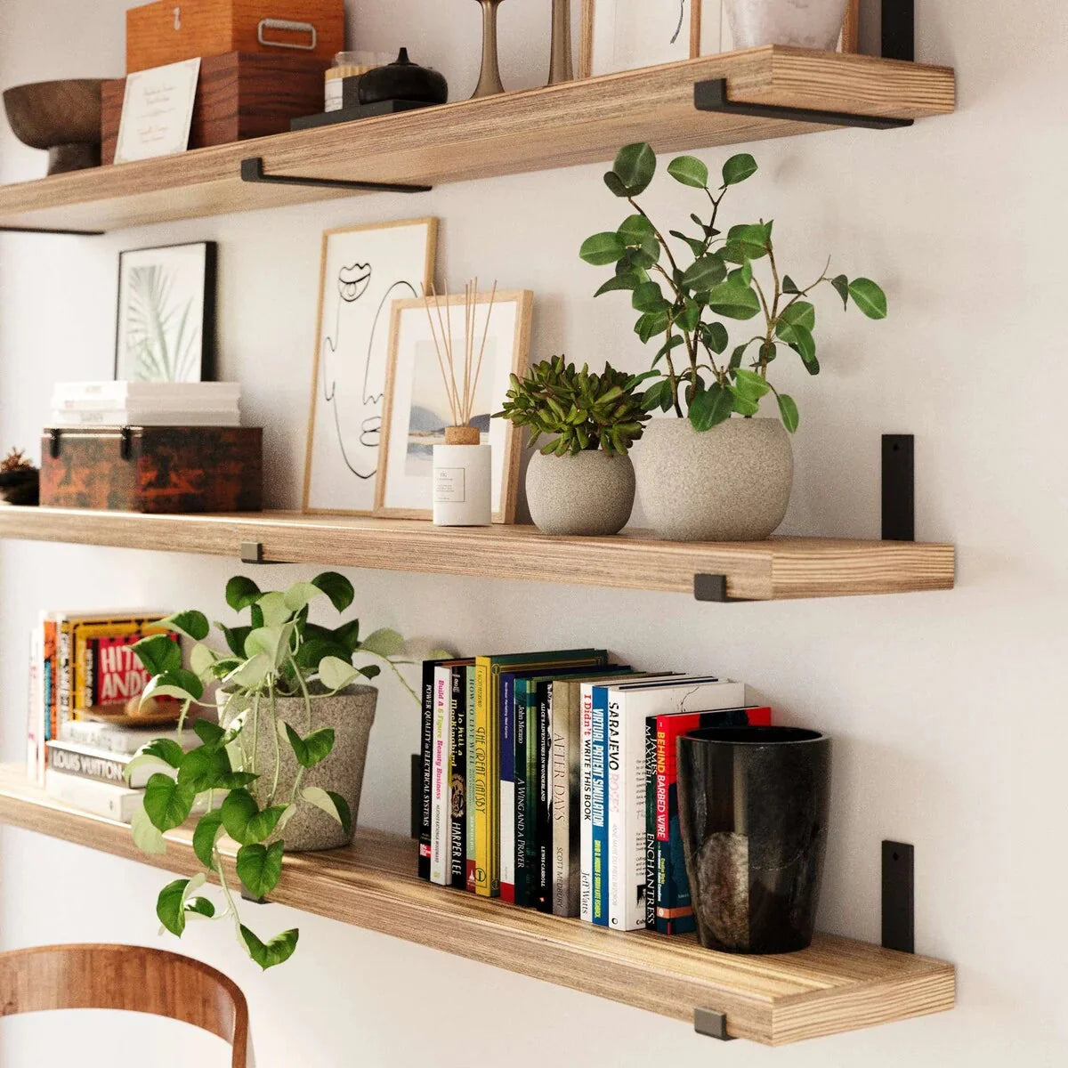 72 Inch Floating Wood Wall Shelves. Set of 3 Burnt Wood Display and Storage Shelves for Home Decor