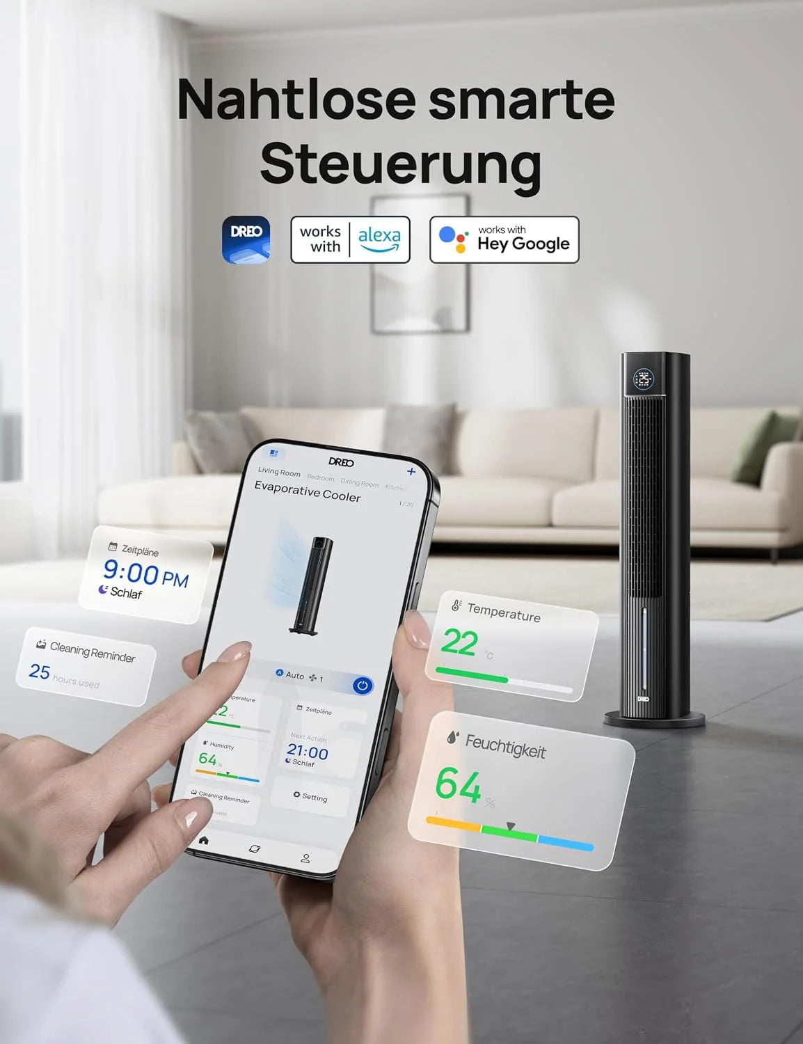 DREO Turmventilator mit Wasserkühlung. 110 cm Luftkühler mit Wasserkühlung Leise. 4-Geschwindigkeiten-4-Modi Verdunstungskühler. APP-Steuerung.