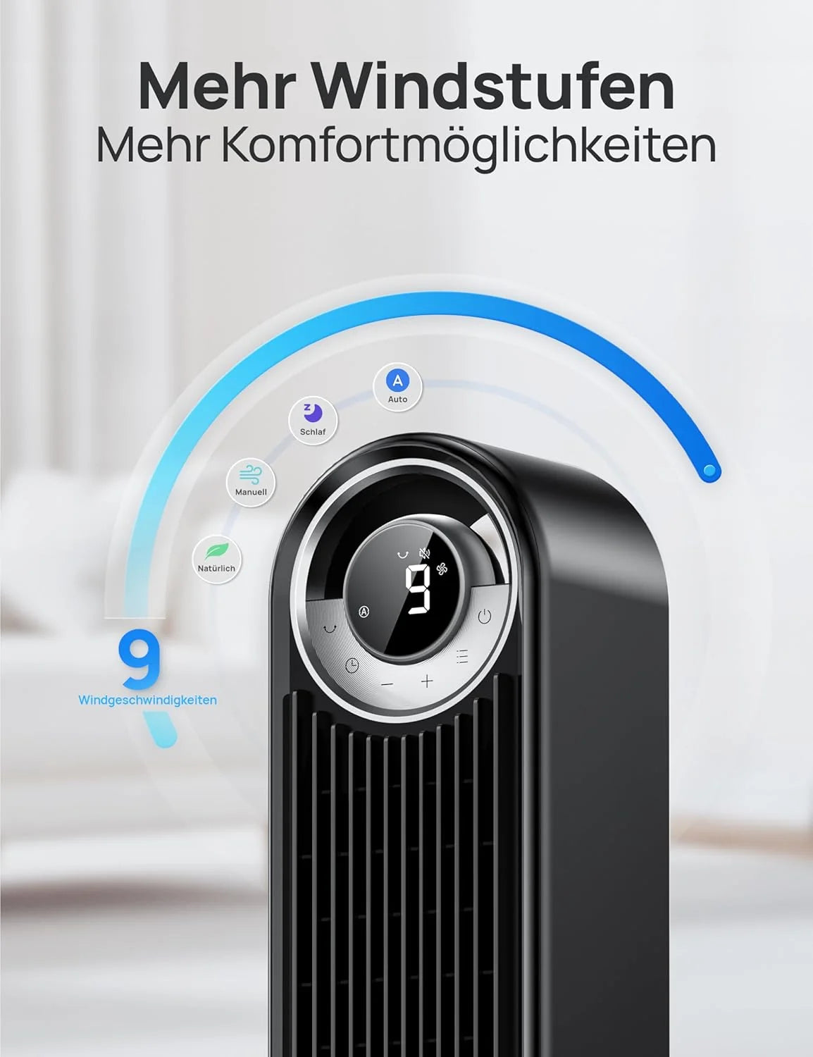 DREO 25 dB Leiser Smart Turmventilator. 106cm Höhe 4 Modi 9-Geschwindigkeit Max 7.9m/s 12H Timer 90° Oszillierender Ventilator mit Fernbedienung