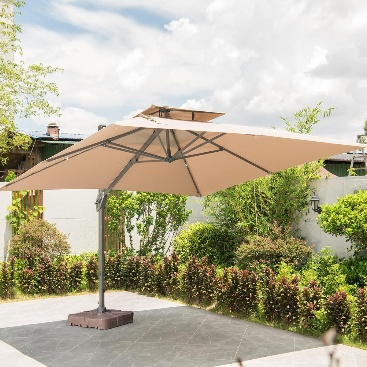 LKINBO Sonnenschirm 300 x 400 cm Rechteckig mit Ständer und Kurbel. Groß Ampelschirm Terrassenschirm 360°Drehbar Parasol Windfest Gartenschirm