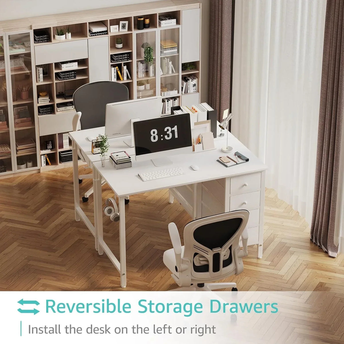 40 Inch Small White Desk with Fabric Drawers. Compact Computer Writing Desk for Home Office. Bedroom and Study