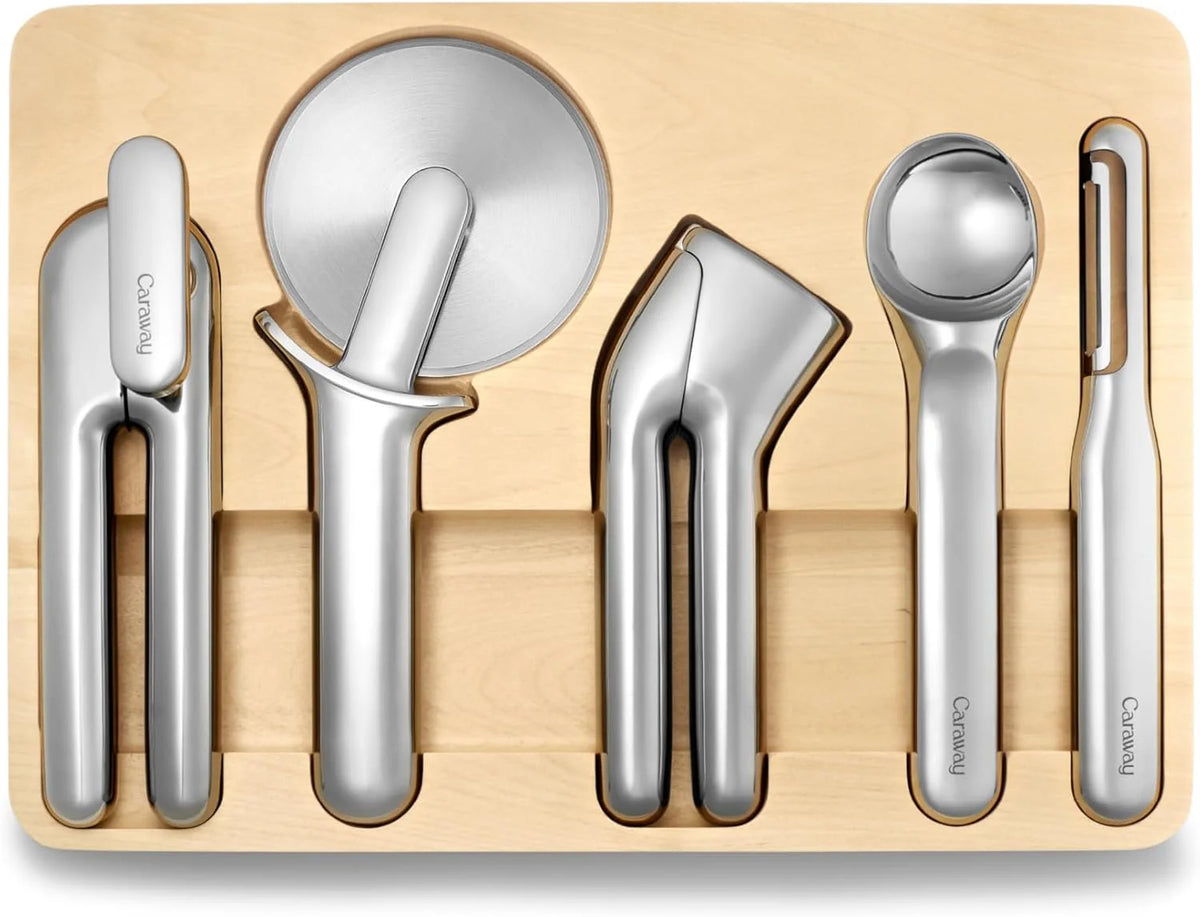 Kitchen Tool Set - Five-piece essential kitchen items - Made of stainless steel - Includes can opener. pizza cutter. garlic press. ice cream scoop. vegetable peeler and storage organizer box