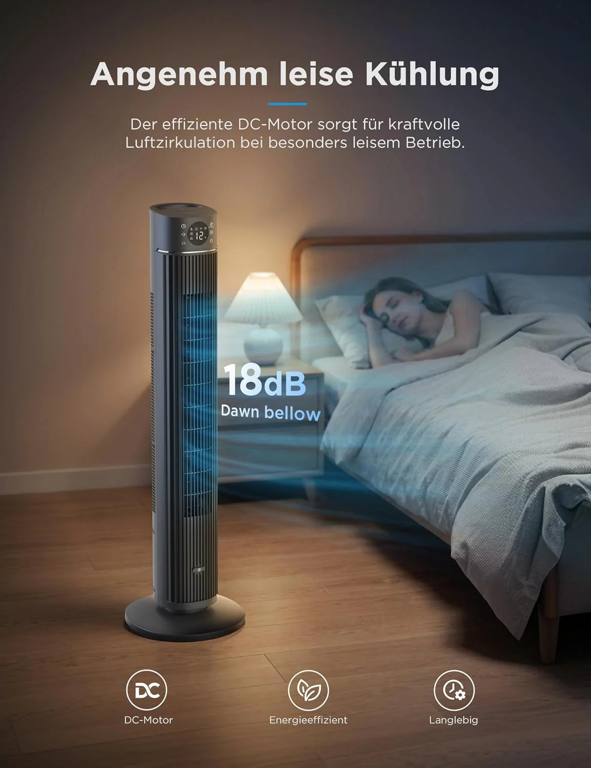 Midea FZ10-26ARDW Smart Leiser Turmventilator mit Fernbedienung. 19 dB Flüsterleise. DC-Motor. 4 Modi & 12 Stufen. 24h Timer. App-Steuerung für