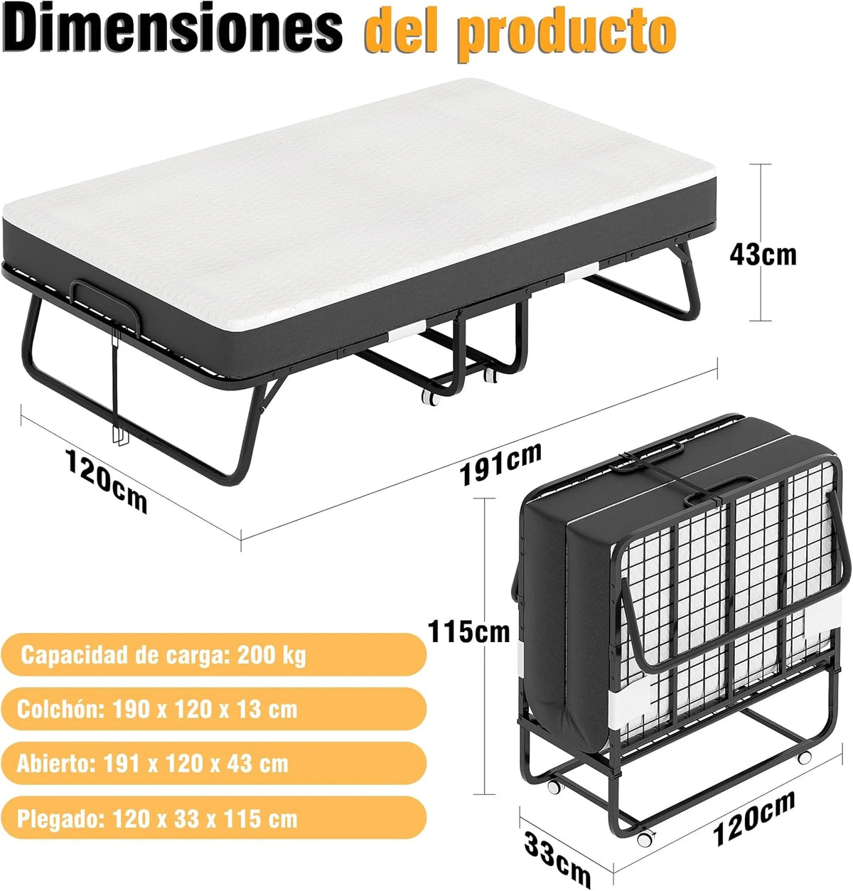 Cama Plegable de 120 cm con Colchón de 13cm (Viscoelástica). Somier Reforzado de Metal con 4 Ruedas y Funda Antipolvo. Cama Supletoria de Invitados