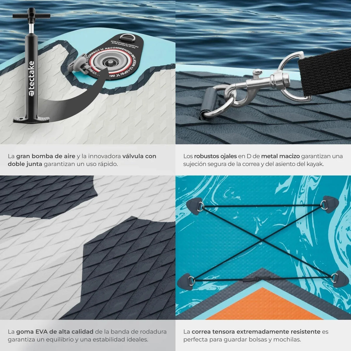 tectake Tabla de Paddle Surf Hinchable. Incluye Remo 2 en 1. Asiento de Kayak. Bomba de Aire. Mochila de Transporte. Stand Up Paddle. Accesorios