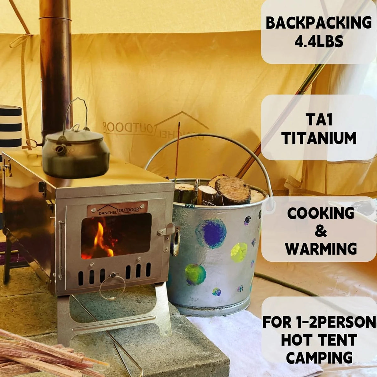 Titanium alloy tent wood stove for camping. 2 kilograms. foldable. lightweight and compact portable heat tent stove. comes with a 2.2-meter chimney. suitable for winter backpacking camping.