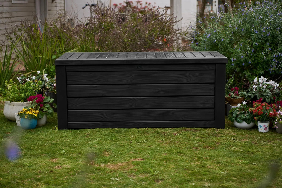 150 Gallon Resin Outdoor Storage Box. Large Deck Container for Patio. Garden and Yard. Dark Gray