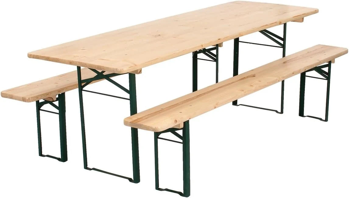 METRO Professional Bierzeltgarnitur. 3-TLG. Gartenmöbel Set. 1 Bier-Tisch 220 x 70 cm. 2 Bierbänke 220 x 25 cm. Klappbar. Naturbraun/Grün