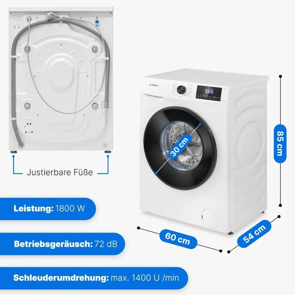 Bomann Waschmaschine 8kg | max. 1400 U/min | 10 Jahre Motor-Garantie | robuster. leiser & langlebiger Invertermotor | 15 Waschprogramme | LED-Display