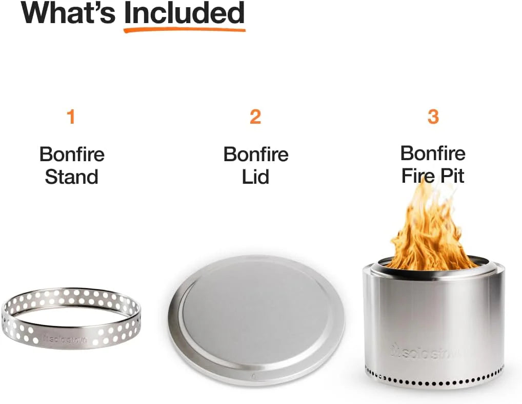 The Stove Fire Pit 2.0 with a bracket. 19.5-inch non-flaming pit. detachable ash tray - Portable outdoor fire pit - Stainless steel wood-burning fireplace. suitable for 4 - 6 people. weighs 21.75 pounds. ashes
