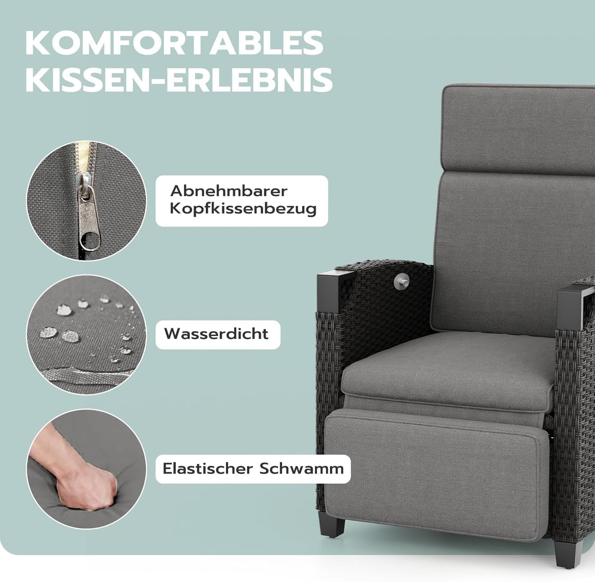 UDPATIO Sillón Ratán Jardin Exterior Reclinable. Tumbona de Jardín Ajustable 150°. con Respaldo Ajustable. Fundas + Extraíbles Cojines. Impermeable.