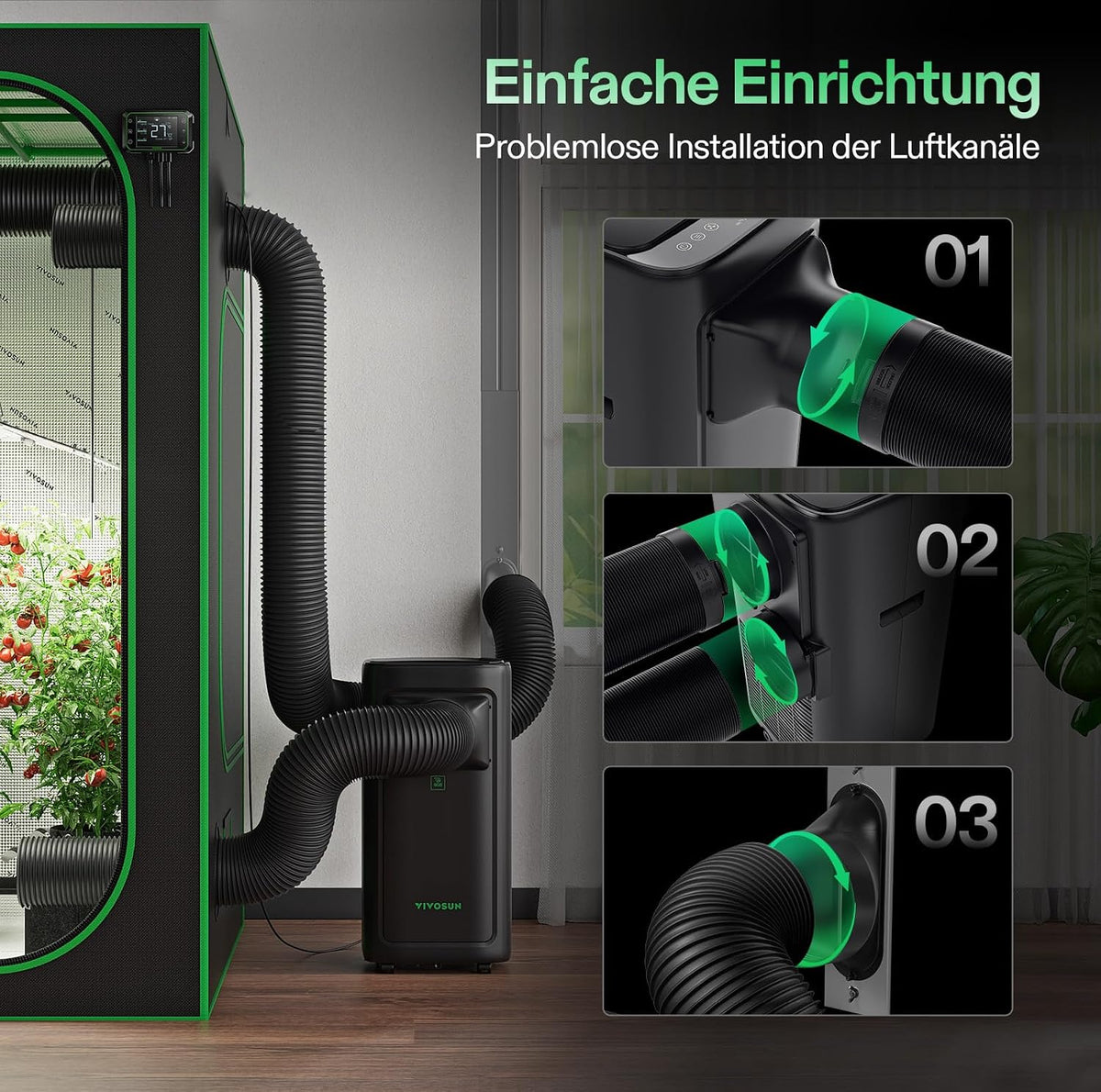 VIVOSUN Smart Klimaanlage. 7000 BTU. 4-in-1 Funktion mit Temperatur- & Feuchtigkeitssensor. Intelligente Fernbedienung. Ideal für Growzelte und