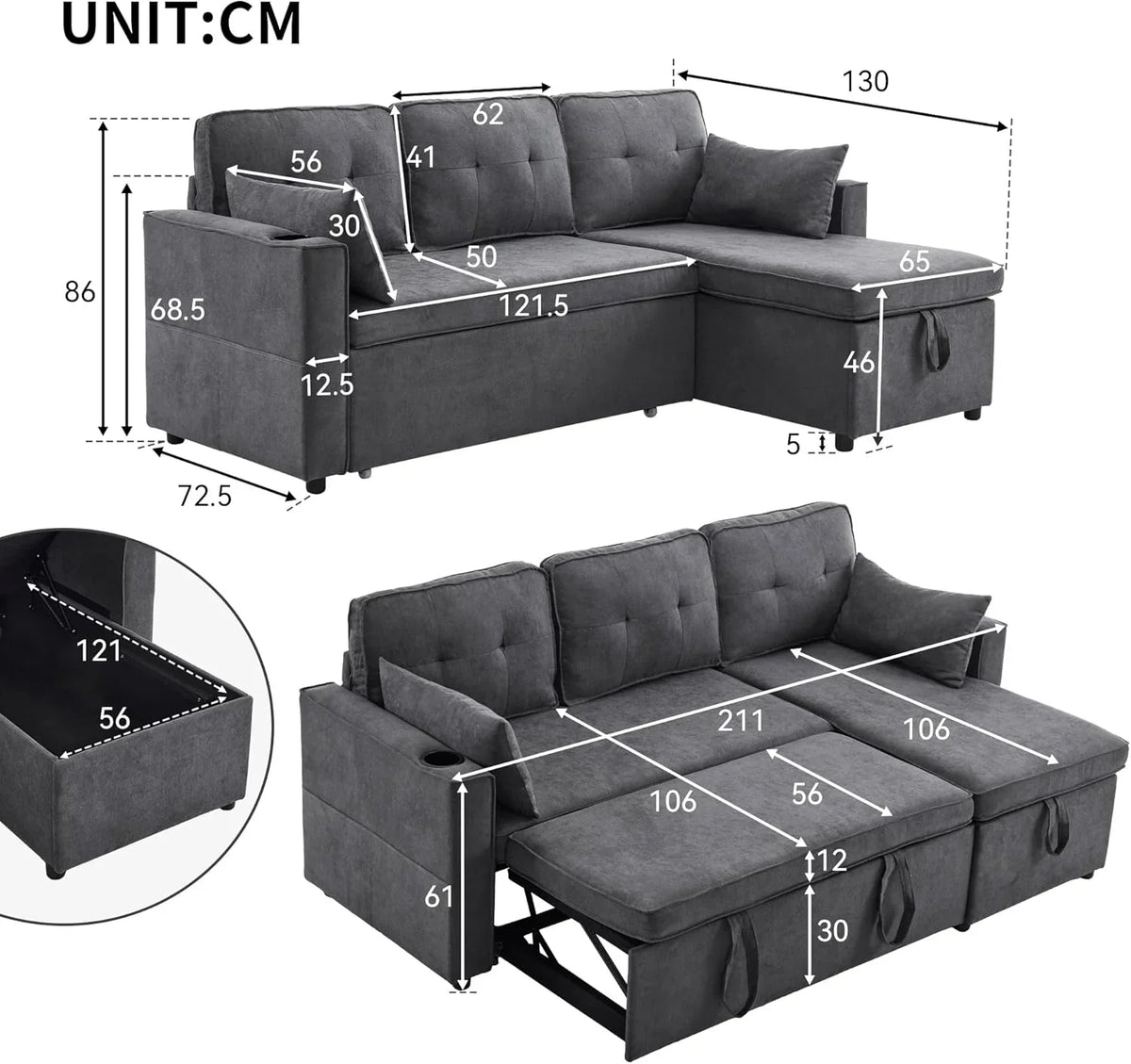 Sofá Cama 3 plazas con Portavasos y Bolsa Pasamanos Lateral. Sofá en Forma de L. Intercambiable a la Derecha y a la Izquierda. Gris