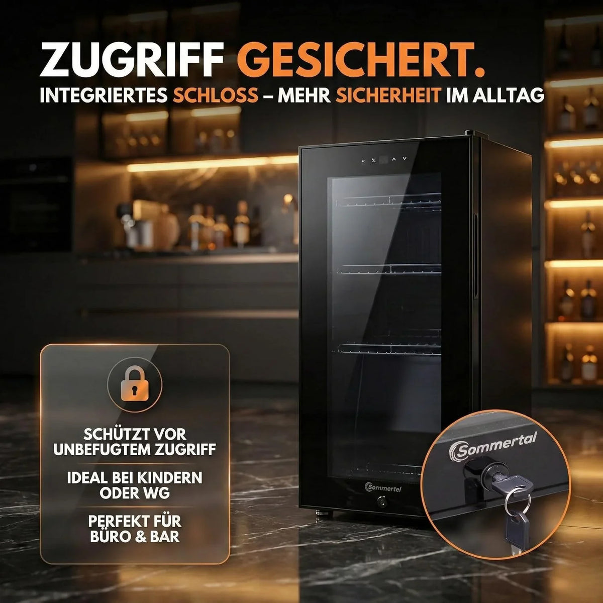 Sommertal Getränkekühlschrank 50L – Mini Kühlschrank schwarz mit Glastür. Touchscreen & LED | Kleiner Flaschenkühlschrank abschließbar & leise für