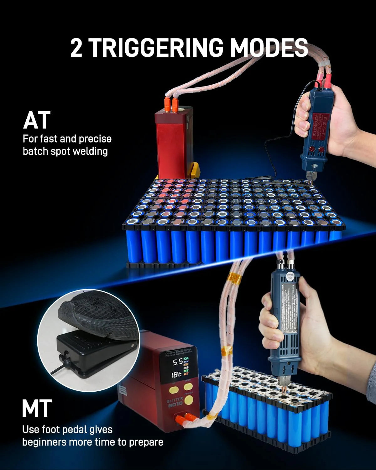 4500-watt super capacitor pulse battery welding machine. a DIY tool suitable for repairing 18650 lithium battery packs. equipped with a handle-type push welding arm and foot pedal switch. capable of continuous operation for 24 hours.