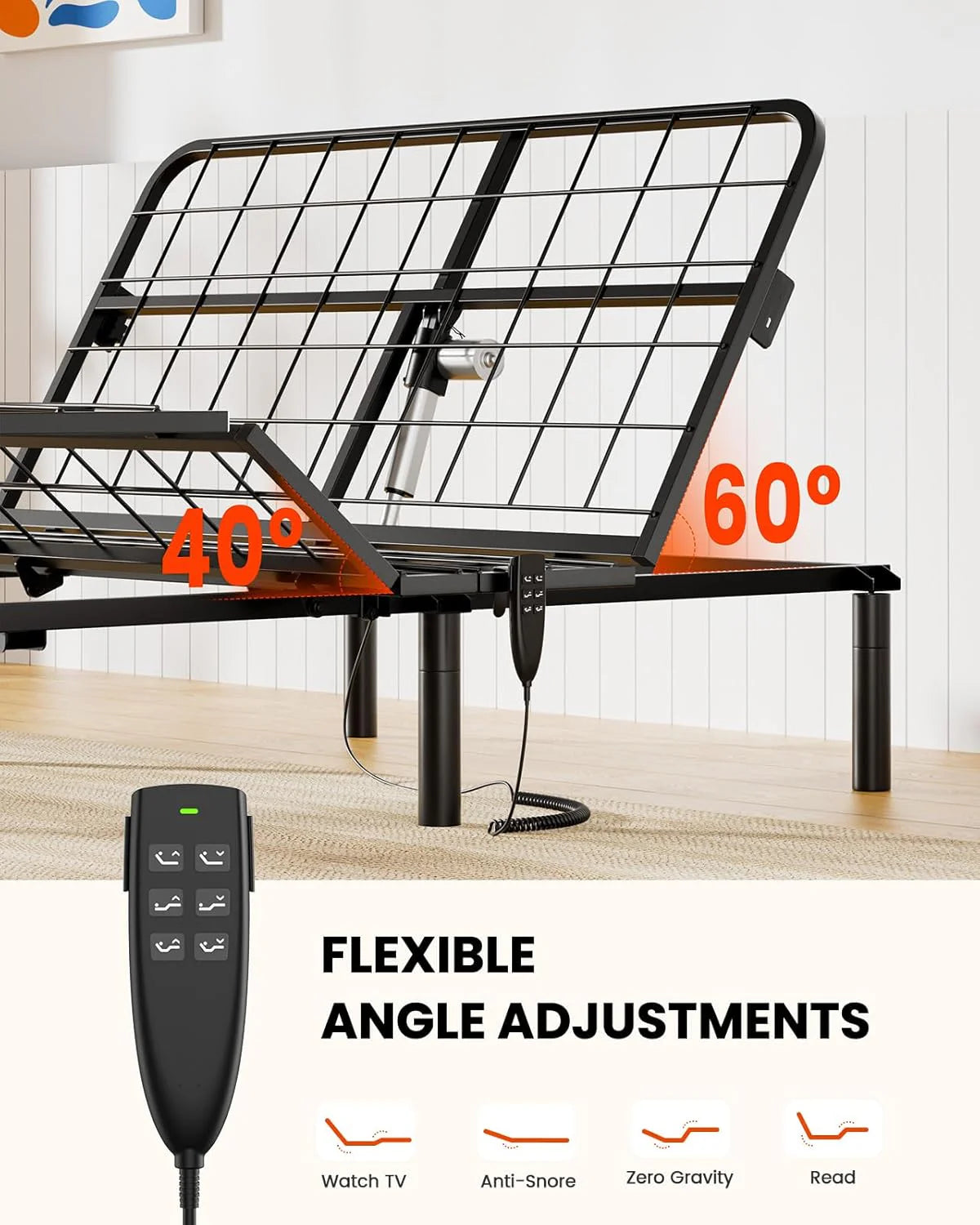 Amada Full Adjustable Bed Frame. Electric Base with Wireless Remote. 4 USB Ports. LED Night Light. Head & Foot Incline. Zero Gravity. Anti-Snore - 01B-F