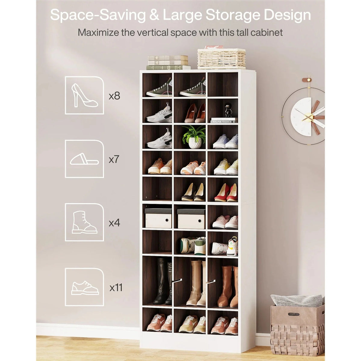 10-Tier Tall Shoe Cabinet. 30-Pair White Wood Shoe Storage Rack for Entryway and Closet