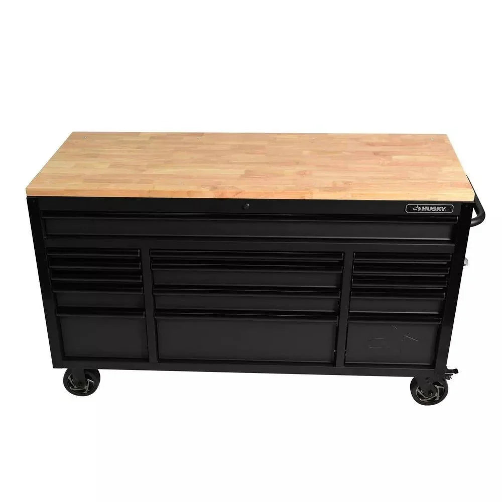 61-Inch W x 23-Inch D 15-Drawer Mobile Workbench with Solid Wood Top