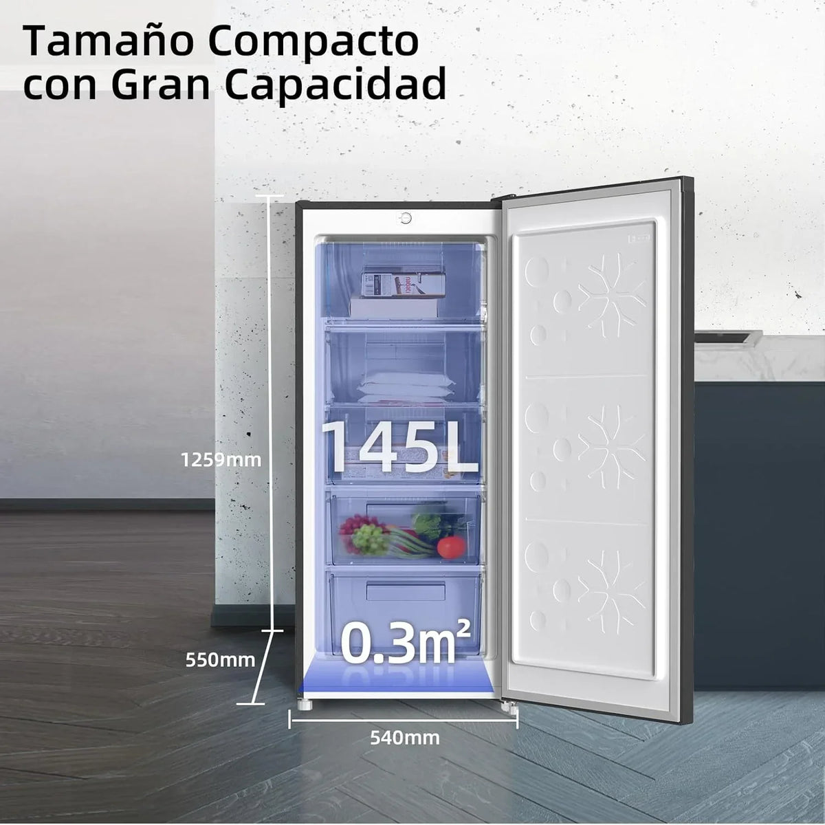Congelador vertical independiente CHiQ. 145L de capacidad. congelación rápida. termostato ajustable. silencioso. puerta reversible. negro.