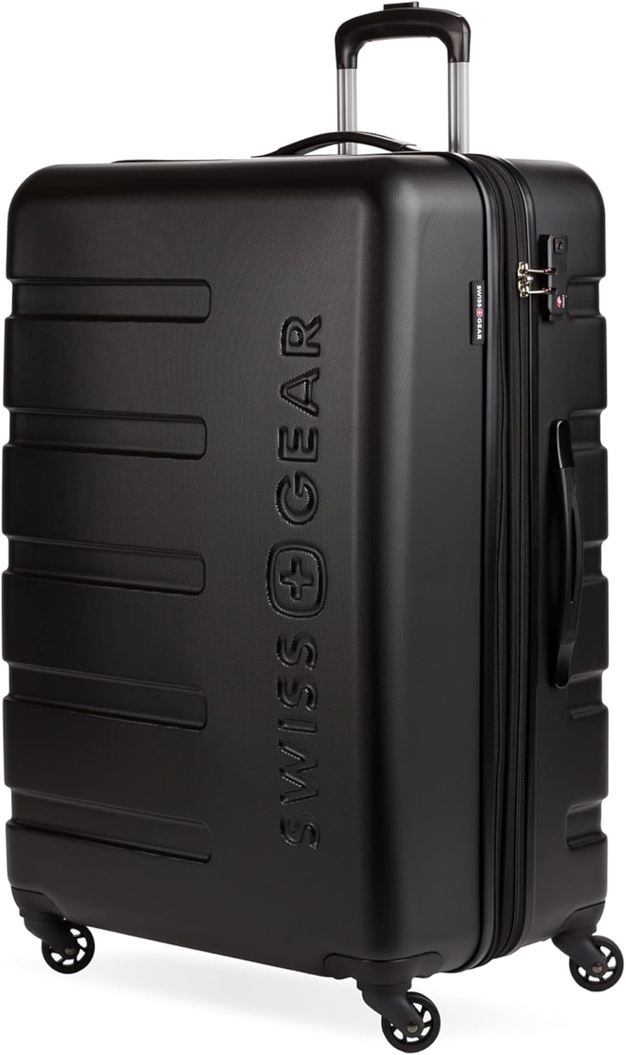 Expandable suitcase with rotating wheels. black