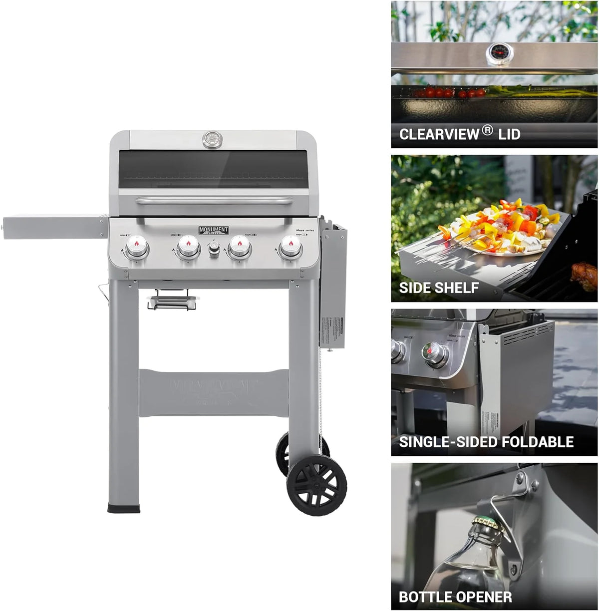 Grills 4-Burner Liquid Propane Gas Grill. Silver Stainless Steel Grill Outdoor Patio Garden Barbecue Grill with Clearview® Lid and One Foldable Shelf. Mesa400MF