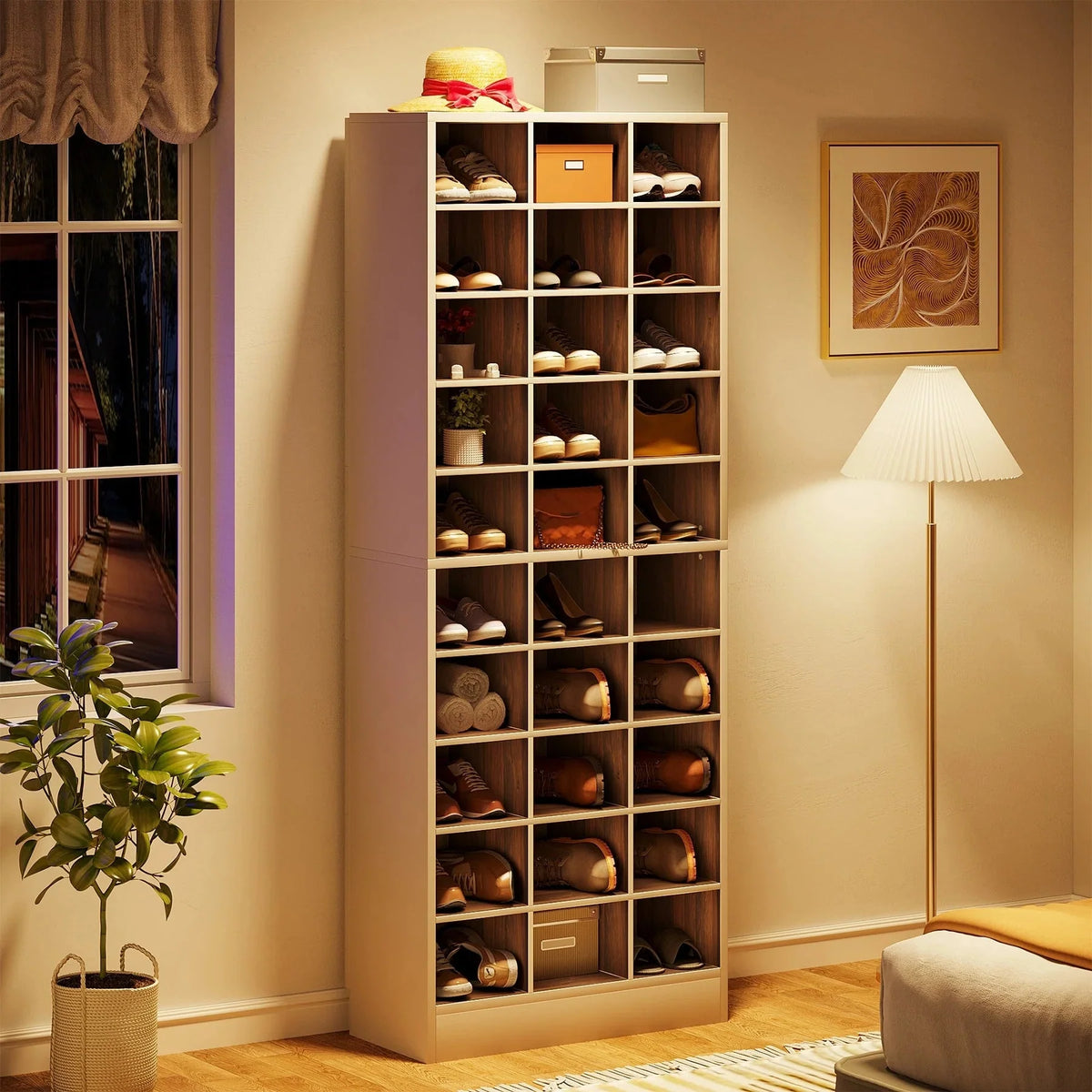 10-Tier Tall Shoe Cabinet. 30-Pair White Wood Shoe Storage Rack for Entryway and Closet
