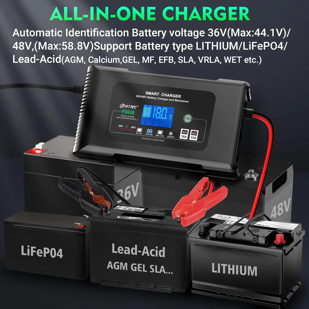 36 Volt Golf cart Charger 18-Amp Smart Charger. Car Battery Charger.Trickle Charger.36V.18-Amp and 48V.13-Amp.Lithium.LiFePO4.Lead-Acid AGM/Gel/