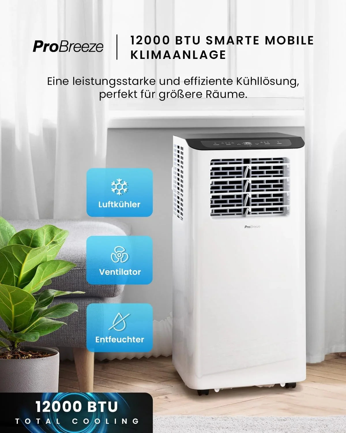 Pro Breeze 12000 BTU Mobile Klimaanlage (Räume bis 50m2) – Klimaanlage mobil mit App-Steuerung. Timer & LED-Display – inkl. Fensterabdichtung &