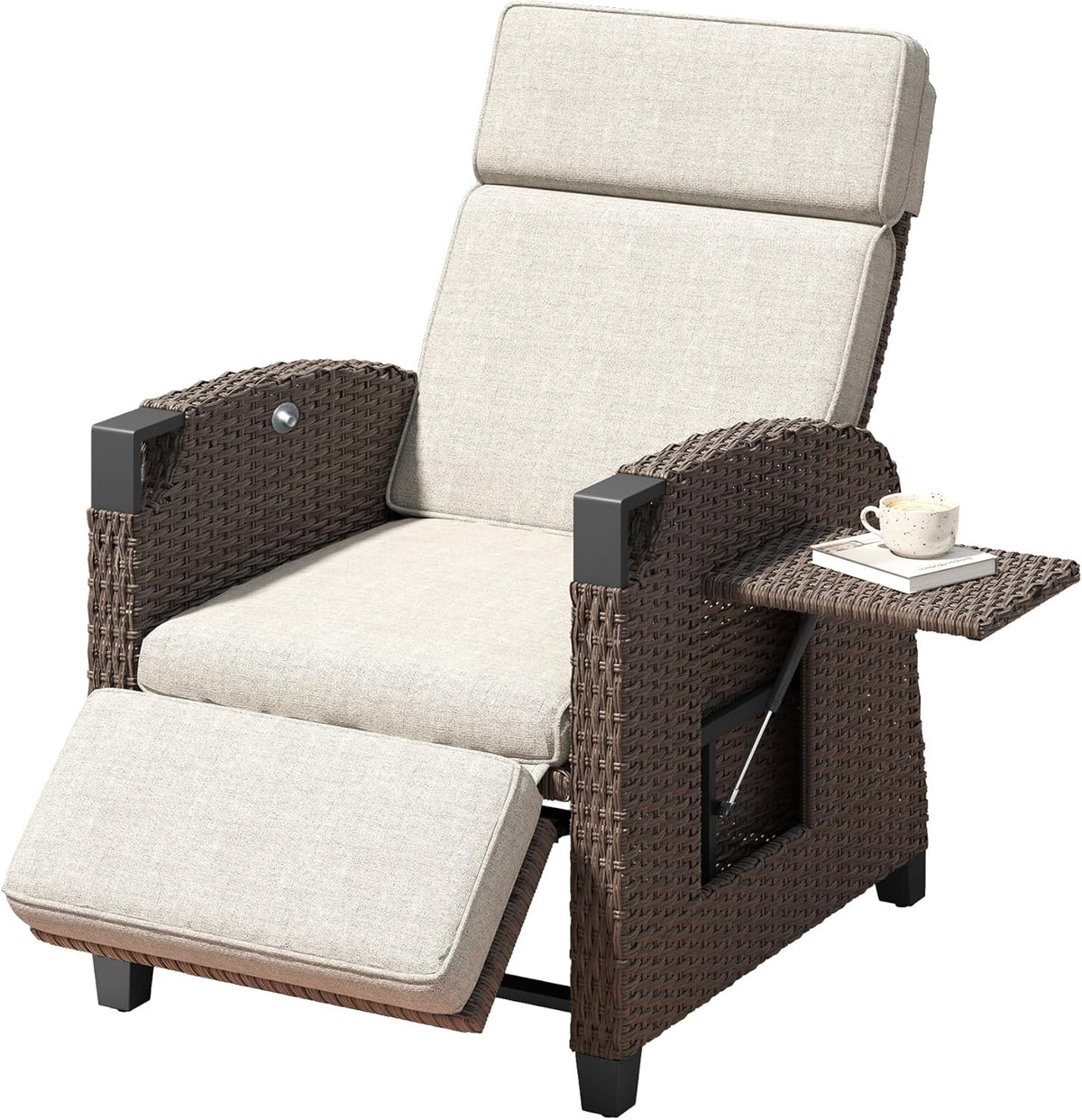 Amopatio Relaxliege Liegesessel. Rattan Sonnenliege mit Verstellbar Rückenlehne und Klapptisch. Outdoor Gartensessel wetterfestes. für Terrasse.