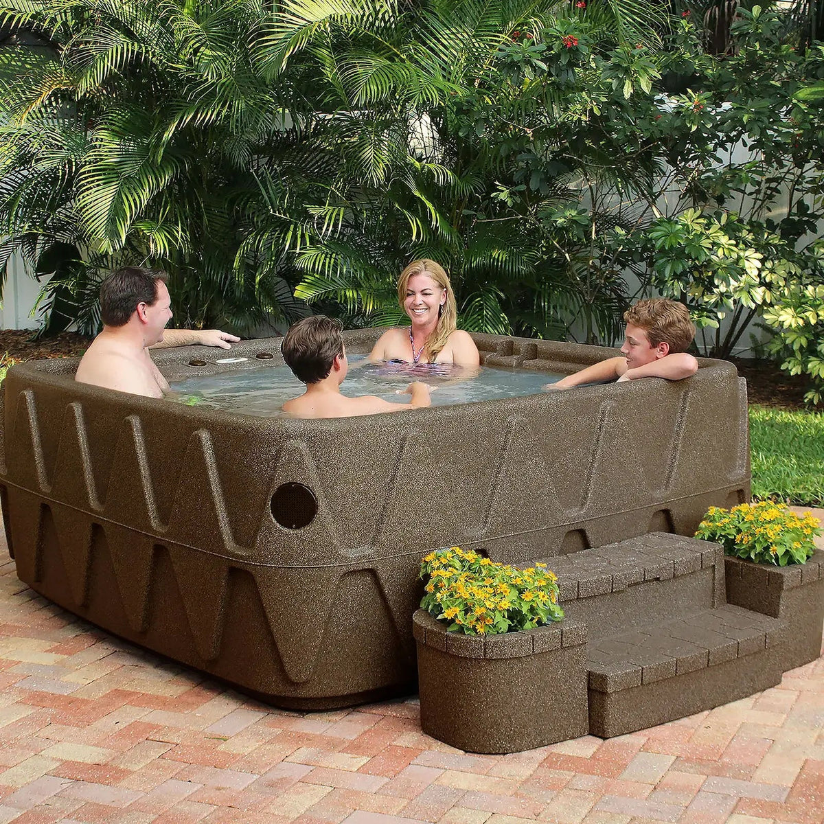 4-Person Square Plug-and-Play Hot Tub with Ozonator – 20 Stainless Steel Jets. LED Waterfall. 110V