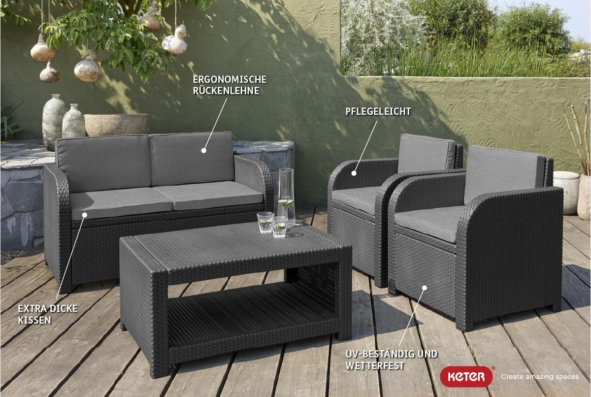Allibert by Keter Modena Gartenmöbel Set aus Kunststoff. inkl. Sitzkissen. grau. 4-teilig. 2 Sessel. Sofa & Tisch. für Garten. Balkon & Terrasse.