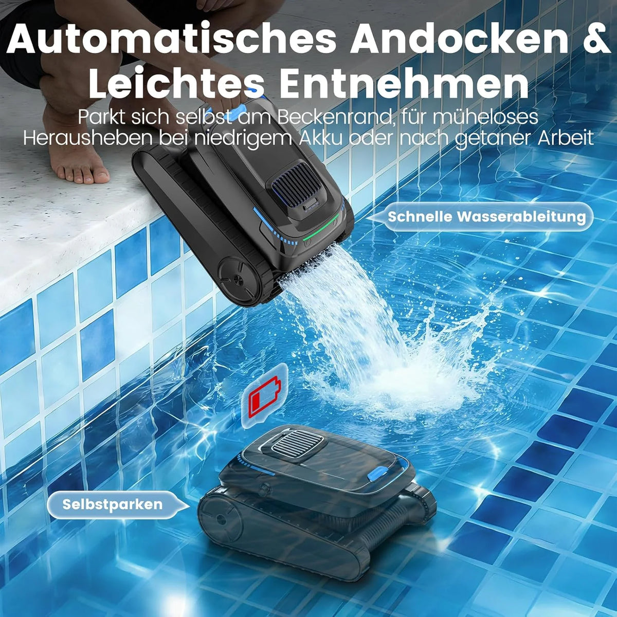 (2026 Neu) Poolroboter. Akku Poolsauger Kabelloser. PC10 Poolroboter Boden und Wand Wasserlinie. 18927 LPH Saugkraft. Intelligenten Navigation.