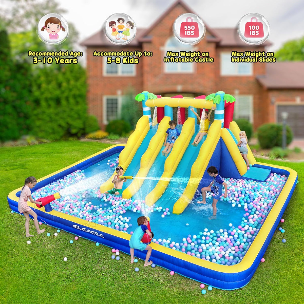 20.66x16.4FT Inflatable Water Slide for Big Kids. Water Park for Kids Backyard with Large Double-Layer Pool.3 Extra-Long Slides.Climbing Wall. 2 Water Cannons. Water Spraying. 750W Air Blower