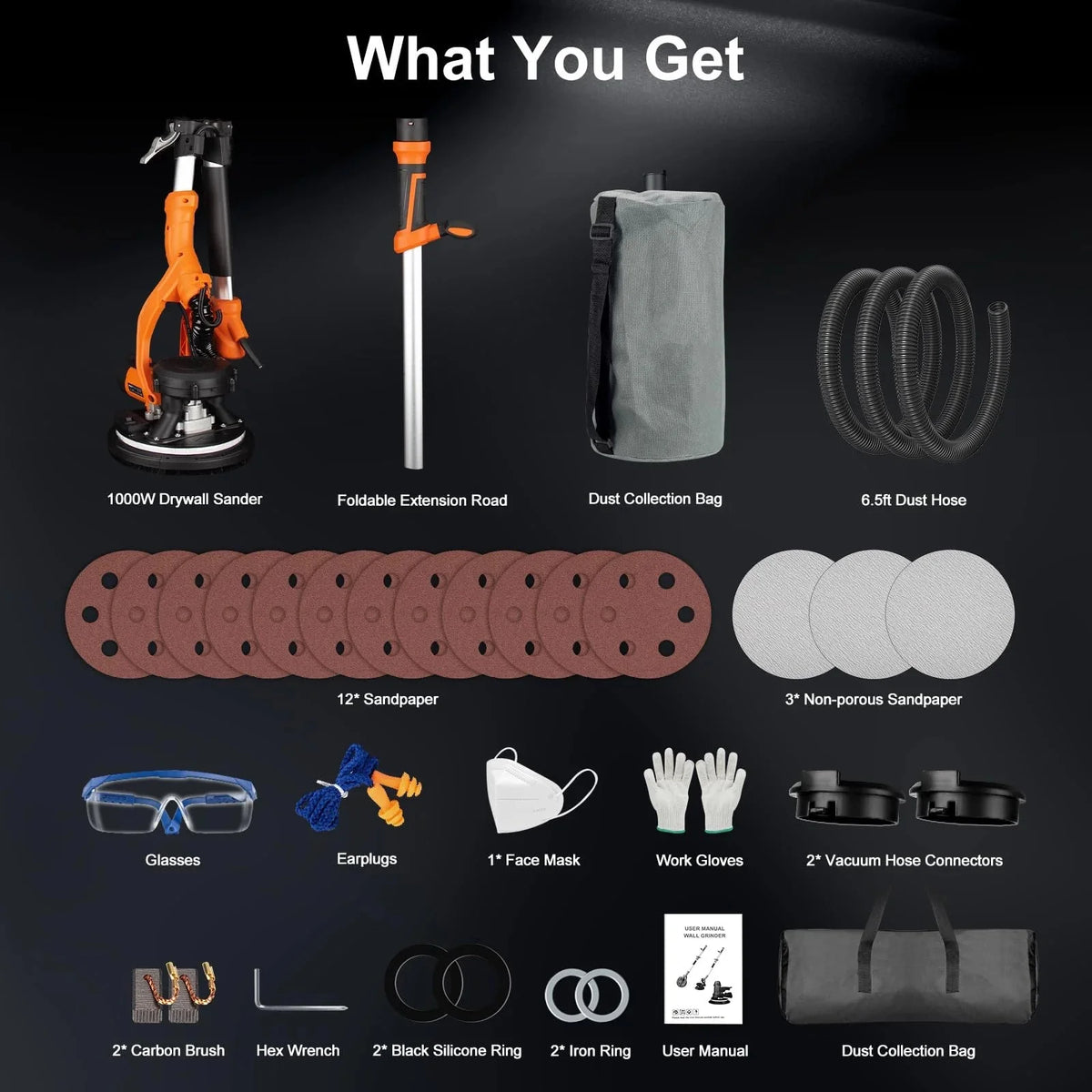 1000W Drywall Sander with Vacuum and LED Light. Electric Wall and Ceiling Sander with Dust Collection