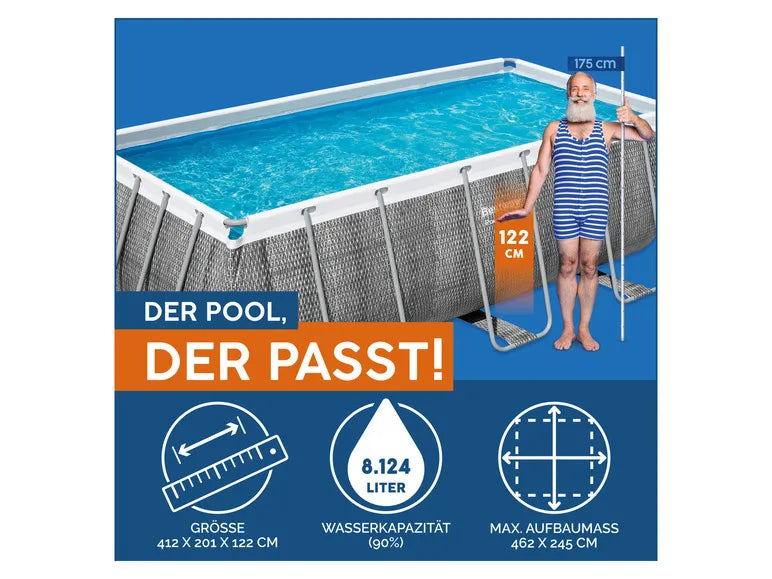 Power Steel Frame Pool Komplett-Set mit Filterpumpe. ca. L 412 x B 201 x L 122 cm
