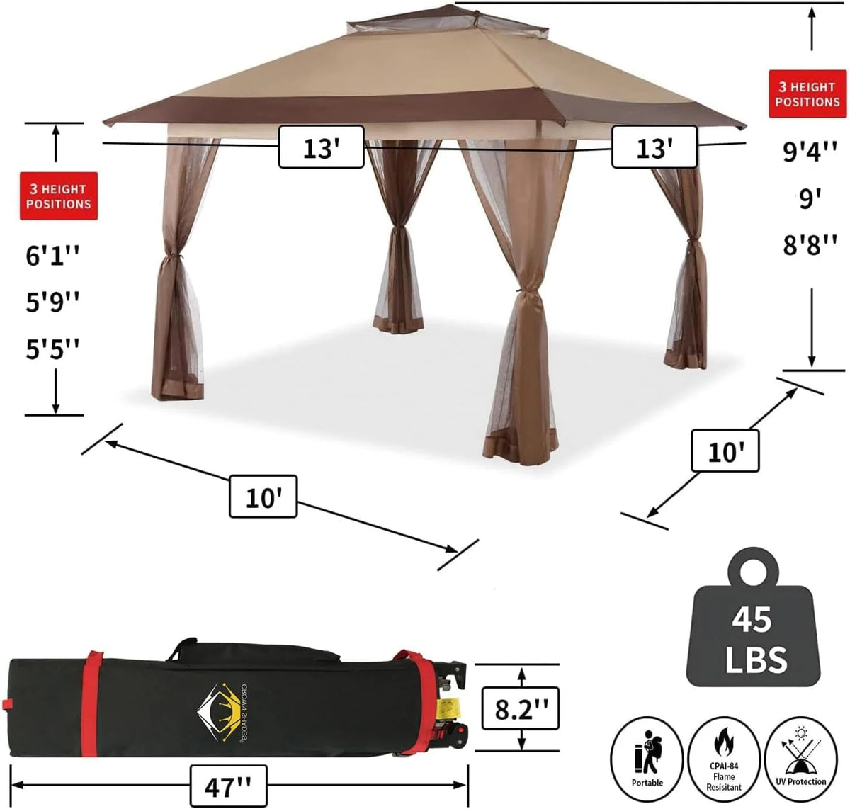 CROWN SHADES 13x13 Pop Up Gazebo. Canopy Tent. Gazebos on Clearance - Outdoor Gazebo for Backyard & Patio Furniture - Carpa Pop Up Tent with Wheeled STO-N-Go Cover Bag (Beige & Coffee)