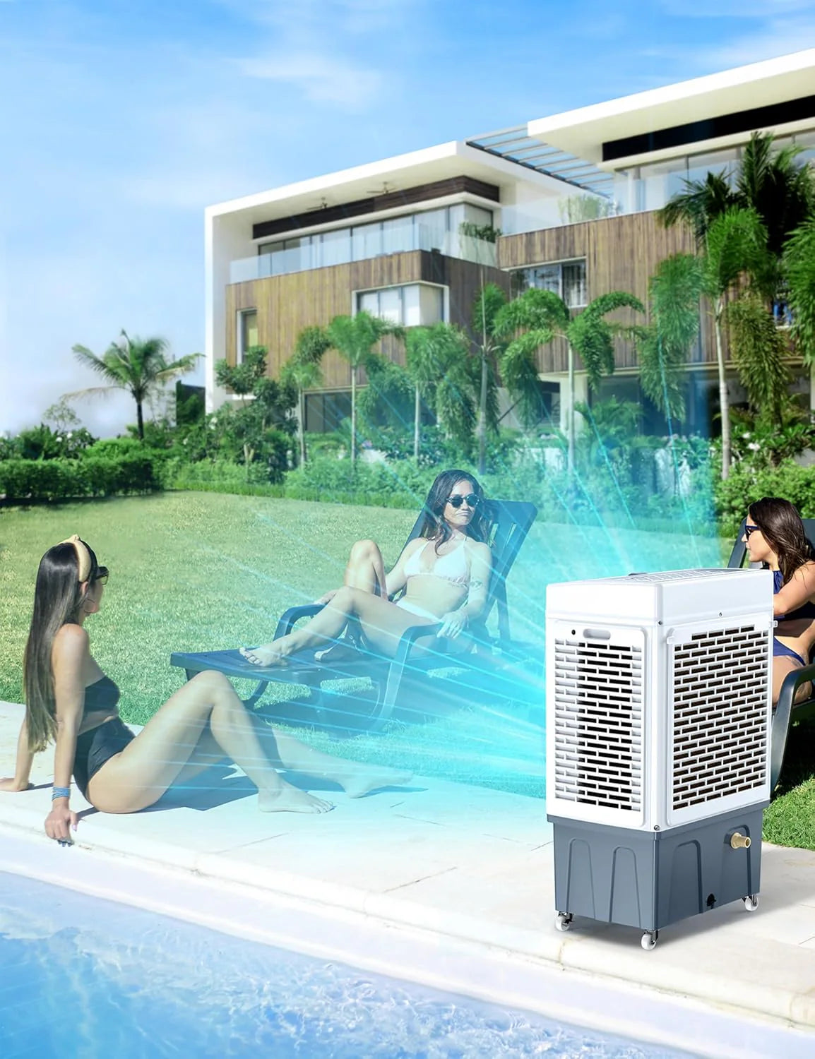 Evaporative Cooler. Air Cooler. 120°Oscillation Swamp Cooler with Remote Control. 24H Timer. 3 Wind Speeds for Outdoor Indoor Use.8 Gallon