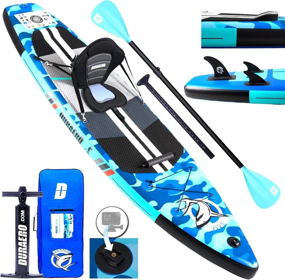 Inflatable Paddle Board with Kayak Seat. 330 x 76 x 15 cm. up to 150 kg. Integrated Pad. Detachable Fin. Double Adjustable Paddle. Repair Kit. Blue
