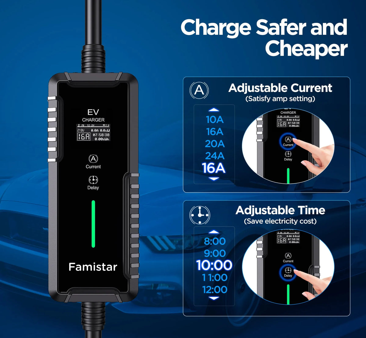 Level 2 & Level 1 EV Charger. 16Amp 110-240V Portable J1772 Electric Car Charger with Adjustable Amp Delayed Timer 25ft Long Cord