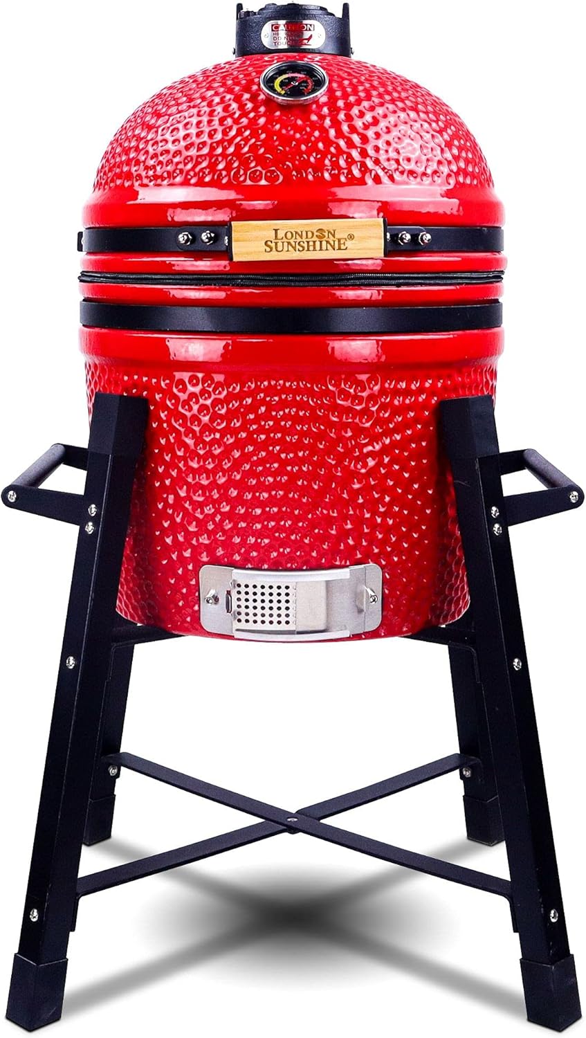 Ceramic Kamado Charcoal BBQ Grill and Smoker. Stainless Steel Grates -15 Ceramic with Tall Stand (GREEN)
