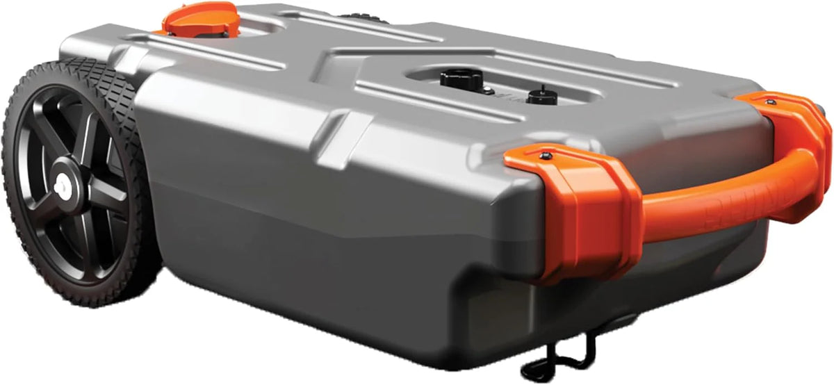 28-gallon portable camping vehicle/rv travel tank | Equipped with 2 controllable non-flat-front wheels and built-in valve | Includes detachable 24-inch tow bar. 3-foot sewage hose and other RV accessories