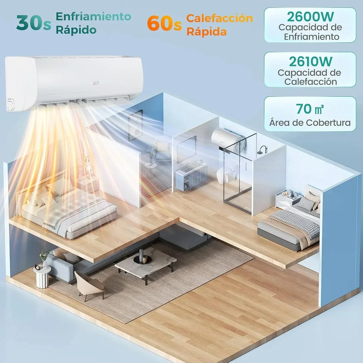 COSTWAY Aire Acondicionado Split. 2.6 kW. Aire Acondicionado con Calefacción con Bomba de Calor.Refrigerante: R32. Calefactor y Refrigerador con Kit