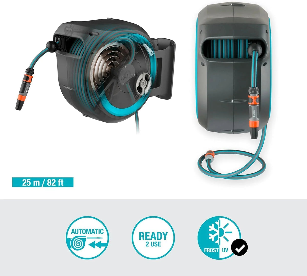 Gardena Wand-Schlauchbox RollUp M/L (türkis) 25 m: flexible Bewässerung für mittelgroße bis große Gärten. Schwenkbare. inkl. 25 m Qualitätschlauch und