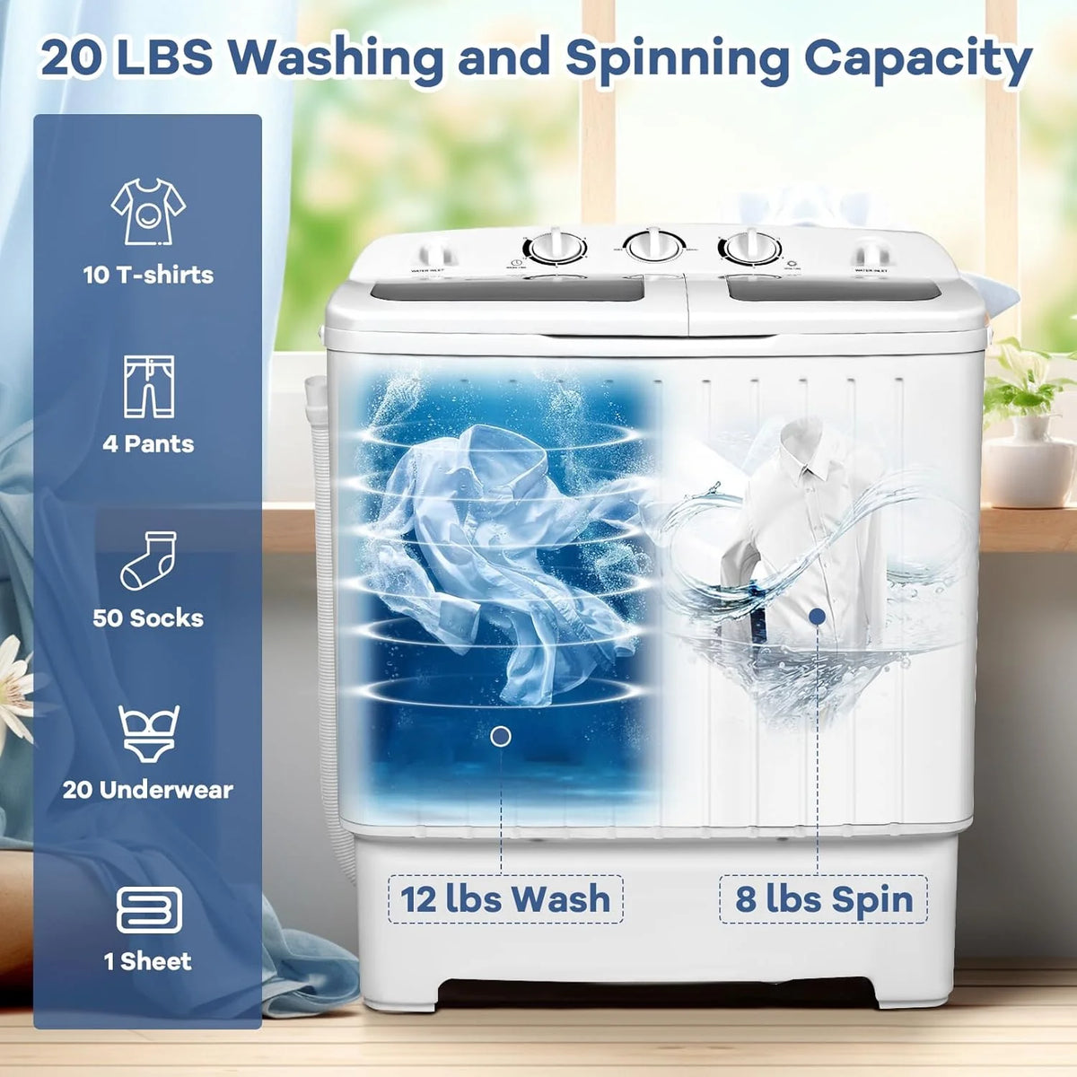 Portable mini compact two-cylinder washing machine (17.6 pounds) - Spanish model. rotary type. blue + white